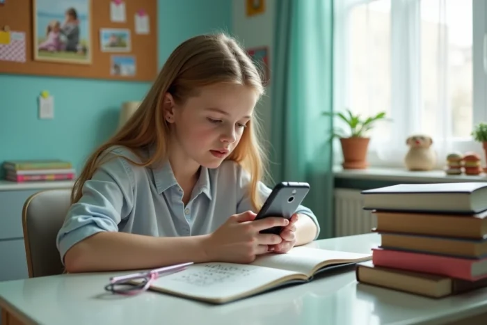 Adolescente prenant des notes sur la signification des cœurs Snapchat devant son smartphone posé sur un bureau