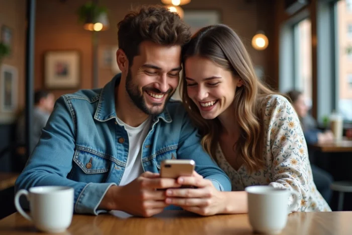 Deux amis regardant ensemble un écran de Snapchat dans un café, cherchant à comprendre la signification des emojis cœurs