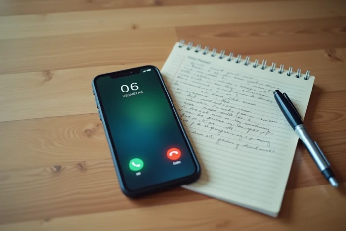 Vue de dessus d'un smartphone affichant un appel entrant d'un numéro 06 inconnu posé sur une table en bois
