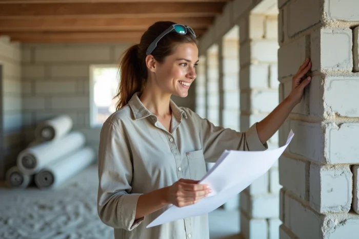 Architecte femme examinant un mur en parpaing dans une maison en construction