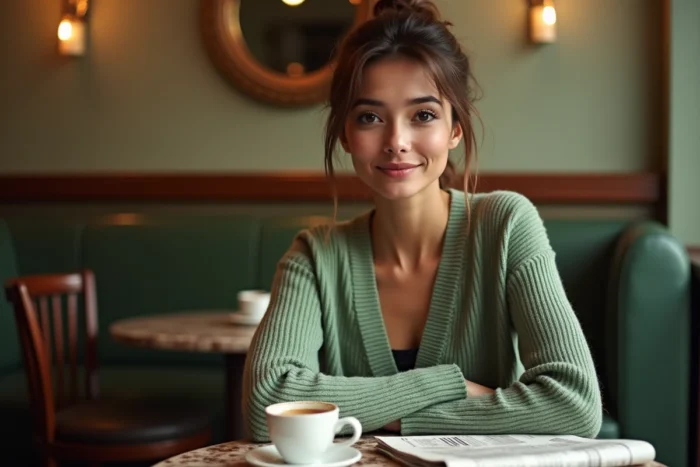 Femme aux traits naturels attablée dans une brasserie parisienne classique, portrait de la beauté française contemporaine en intérieur