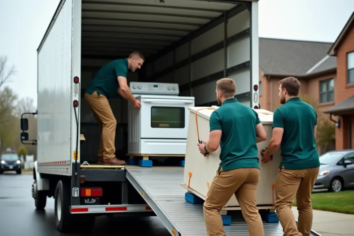 Équipe de déménageurs chargeant une cuisinière électrique protégée dans un camion de déménagement