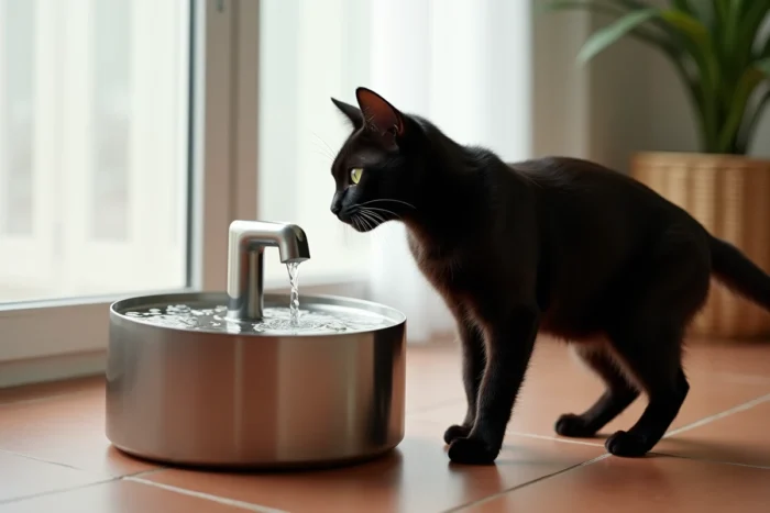 Chat noir adulte observant une fontaine à eau en inox pour animaux sur carrelage en terre cuite dans un salon moderne