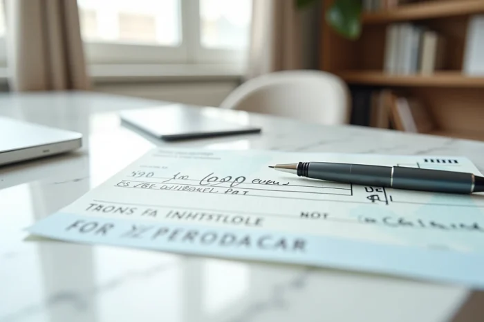 Gros plan d'un chèque français de 10 000 euros posé sur un bureau en marbre avec un stylo