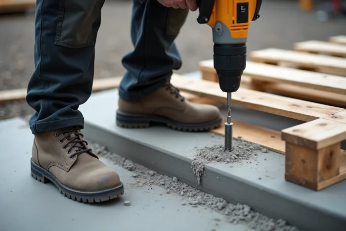 Fixation de chevilles à frapper dans une dalle en béton pour ancrer une palette de terrasse au sol