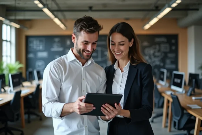 Deux collègues passionnés de technologie consultant un agrégateur d'actualités web sur une tablette dans un espace de coworking moderne