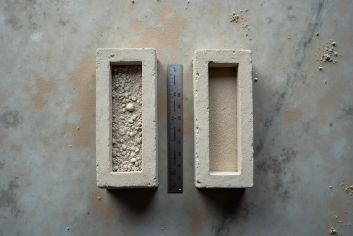 Comparaison coupe transversale d'un agglo et d'un parpaing posés côte à côte sur sol béton