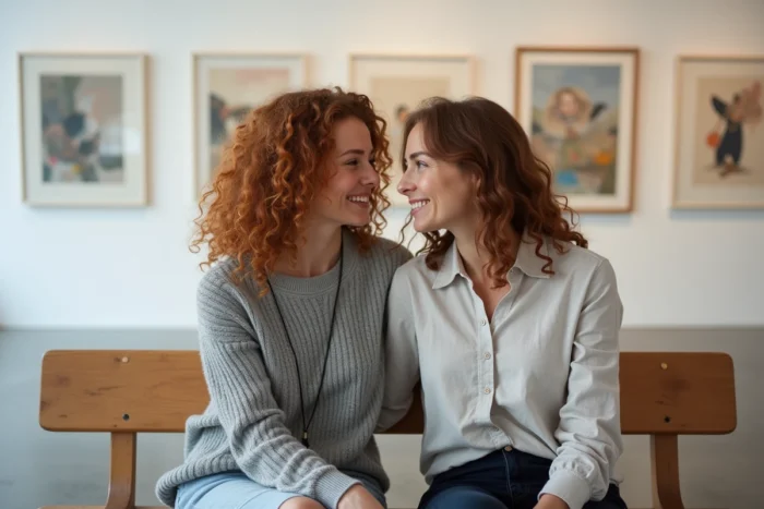 Une femme chuchote un compliment sur la beauté à son amie dans un musée d'art moderne, expression surprise et joyeuse