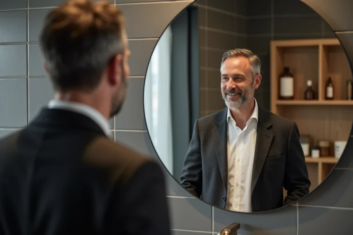 Un homme d'une quarantaine d'années s'entraîne à faire un compliment devant un miroir de salle de bain moderne, ambiance intime et réaliste