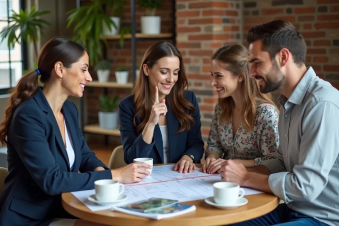 Couple rencontrant une organisatrice de mariage professionnelle autour d'un tableau de planification avec brochures et calendrier d'événement détaillé