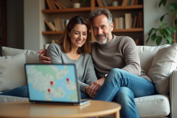 Couple cherchant ensemble les meilleures offres immobilières sur un ordinateur portable dans leur salon
