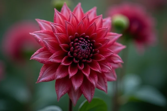Gros plan réaliste d'un dahlia rouge et magenta avec des gouttes d'eau sur les pétales dans un jardin fleuri