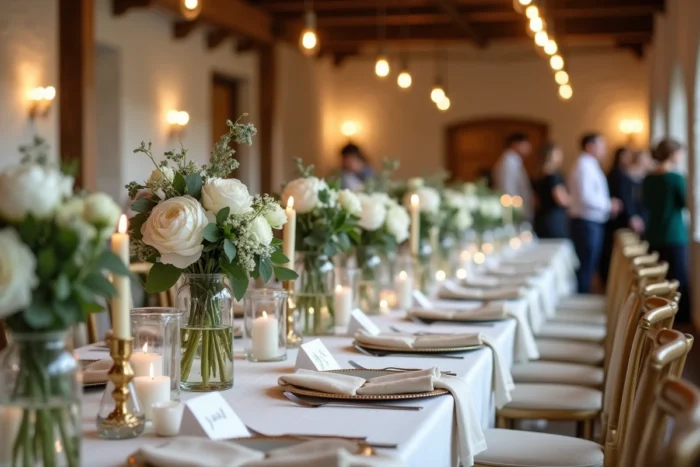 Décoration élégante de salle de réception mariage avec tables fleuries, vaisselle raffinée et nappes en lin dans une grange rustique rénovée
