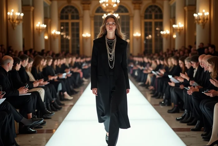 Défilé de mode Chanel dans un grand salon parisien avec mannequin sur le podium et public de fashion editors