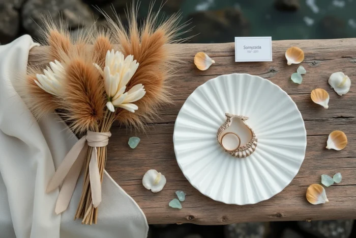 Détails de mariage au Cap Vert en flat-lay avec bouquet de fleurs séchées, alliances dorées, coquillages et éléments naturels sur bois flotté au bord de l'océan