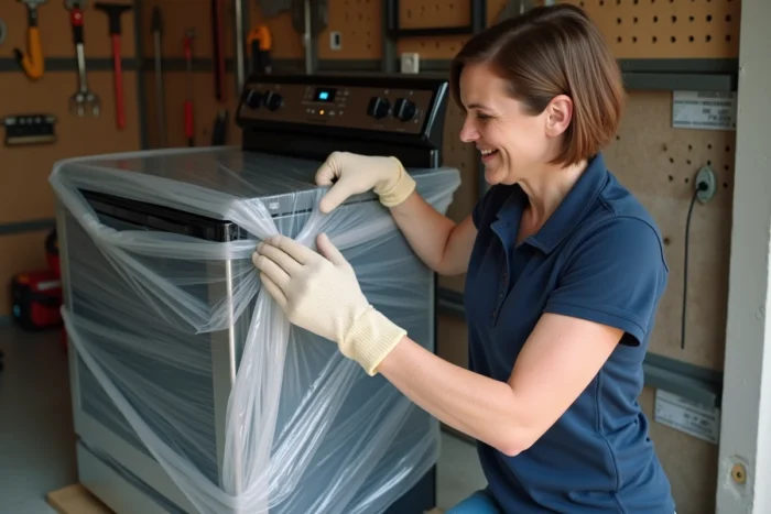 Femme emballant une cuisinière électrique avec des couvertures de déménagement dans un garage
