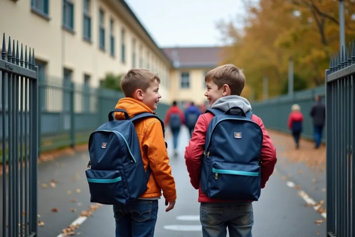 Enfants devant l'entrée d'une école à Meudon attendant l'accès à la cantine ou au centre de loisirs municipal