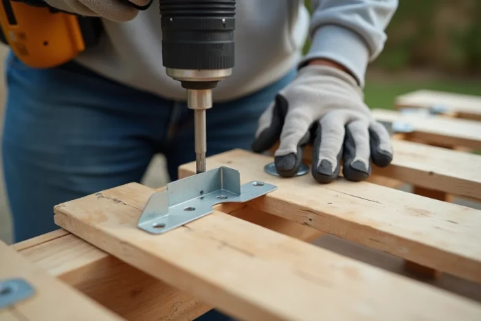 Fixation d'une équerre métallique galvanisée sur l'angle porteur d'une palette en bois pour renforcer la terrasse