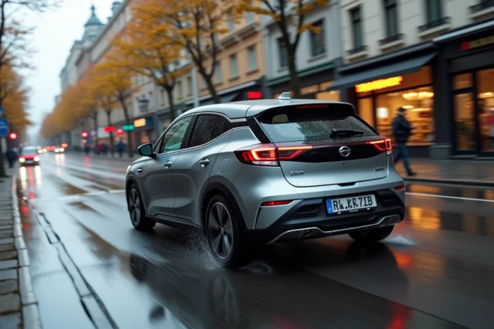 Essai dynamique d'une citadine électrique compacte sur une rue urbaine mouillée sous la pluie d'automne
