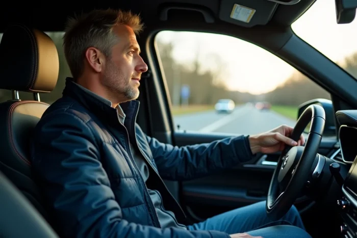 Journaliste automobile masculin évaluant le tableau de bord numérique d'un SUV haut de gamme lors d'un essai routier