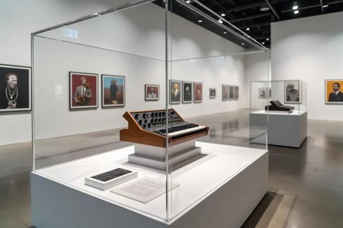 Exposition muséale d'un Roland TR-808 original sur socle blanc dans un musée de l'histoire de la musique électronique
