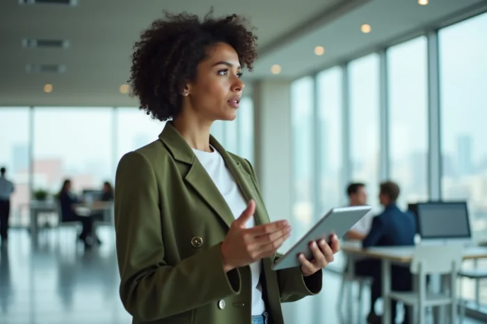 Femme cadre en transition de carrière présentant un projet sur tablette dans un bureau moderne avec vue sur la ville