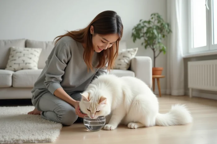 Jeune femme posant un bol d'eau claire devant un chat persan blanc dans un appartement minimaliste