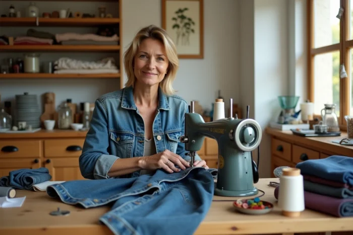 Femme réparant une veste en jean à la machine à coudre dans un atelier artisanal fait maison, symbolisant la mode circulaire et le upcycling