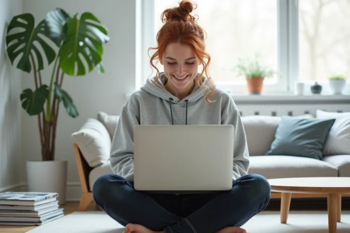 Jeune femme explorant des ressources web technologiques sur son ordinateur portable dans un salon scandinave minimaliste