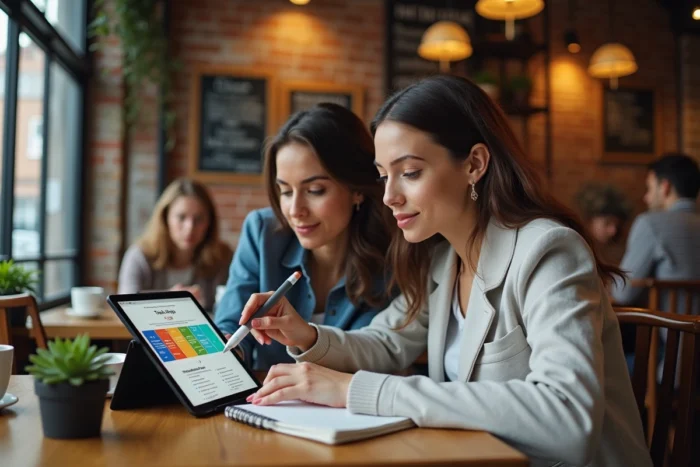 Deux femmes passionnées de web et de technologie consultent un blog de conseils geek ensemble dans un café branché