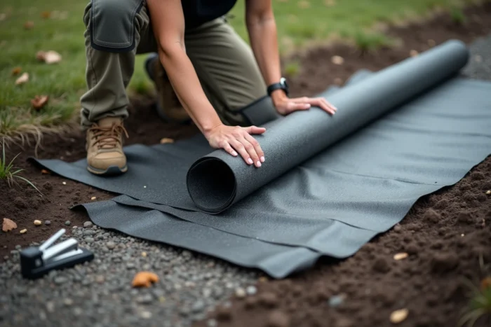 Installation d'un feutre géotextile sur le sol du jardin avant la pose des palettes pour la terrasse