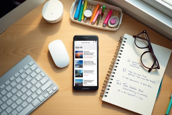 Flat lay d'un bureau minimaliste avec smartphone affichant un blog geek, cahier de notes web et accessoires tech colorés
