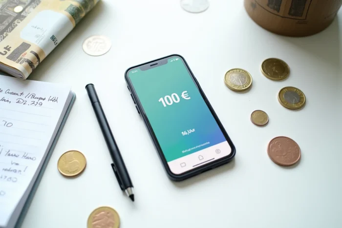 Vue aérienne d'un smartphone avec application de micro-crédit 100 euros entouré de billets et de notes budgétaires