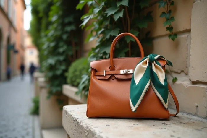 Foulard gavroche Hermès vert noué autour de l'anse d'un sac en cuir caramel pour une touche de couleur