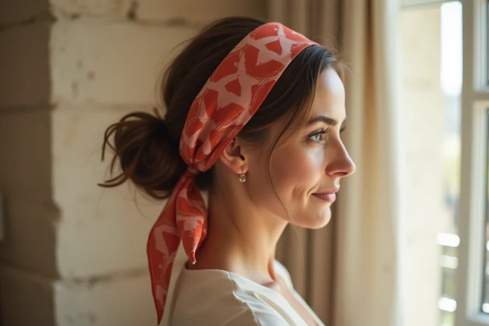 Femme portant un foulard gavroche Hermès noué en bandeau dans les cheveux comme un ruban