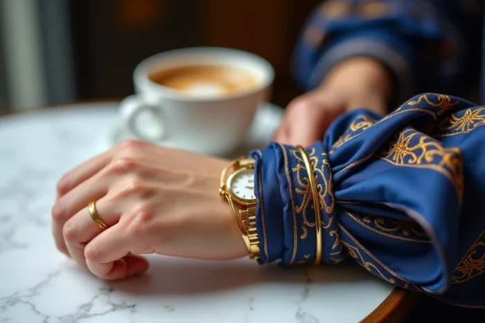 Foulard gavroche Hermès enroulé autour du poignet comme un bracelet de soie aux côtés d'une montre dorée