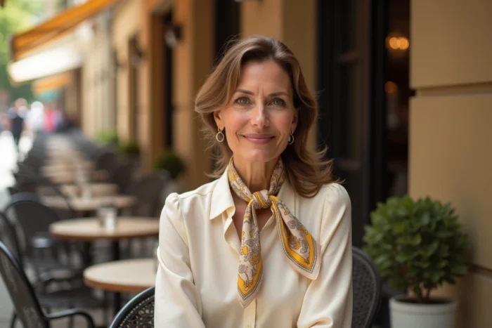 Femme élégante portant un foulard gavroche Hermès en nœud plat asymétrique sur le côté du cou