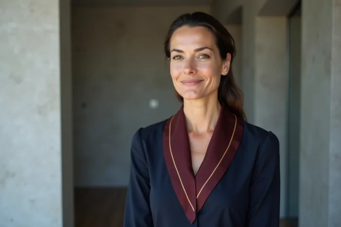 Femme portant un foulard gavroche Hermès plié en triangle en plastron sur un décolleté en V bleu marine