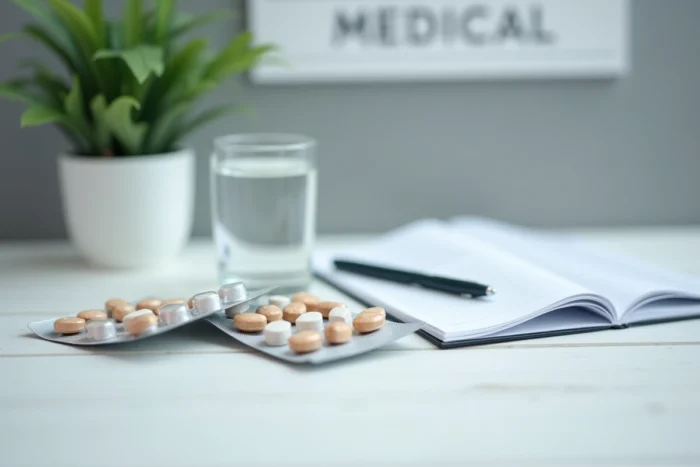 Gélules amaigrissantes disposées sur une table avec une brochure médicale et un verre d'eau, évoquant les risques et effets secondaires des compléments minceur