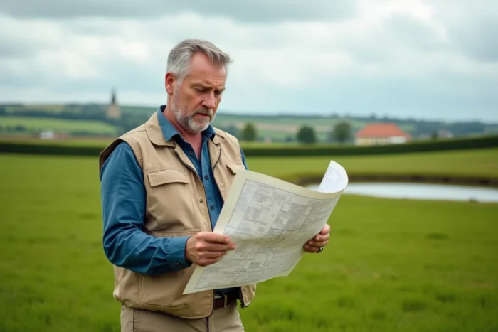 Géomètre tenant une carte cadastrale dans une prairie représentant une superficie de 50 hectares