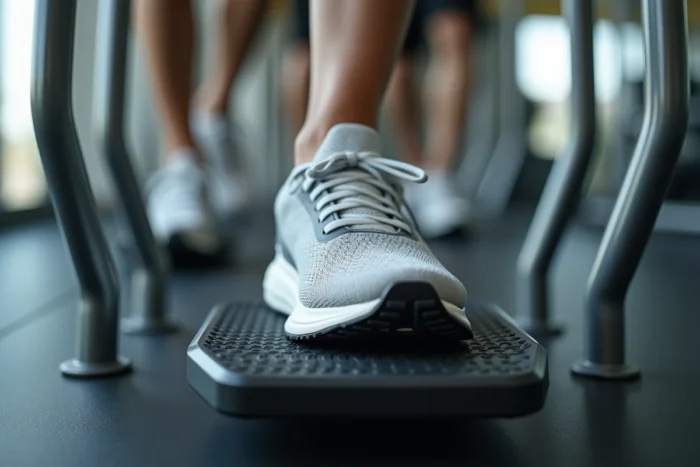 Gros plan sur le positionnement des pieds sur les pédales d'un appareil elliptique