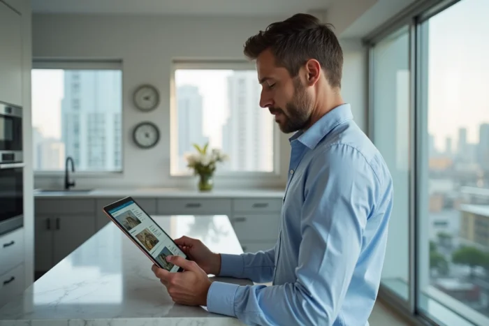 Homme consultant des annonces immobilières sur une tablette dans une cuisine moderne