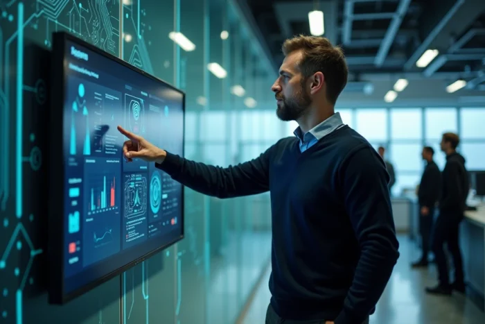 Homme présentant des innovations technologiques sur un écran interactif dans un laboratoire moderne