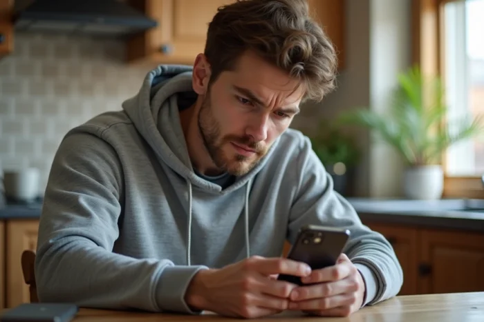 Homme à la maison évaluant une application de micro-tâches rémunérées sur smartphone, regard critique