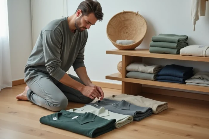 Homme organisant une garde-robe capsule durable avec des vêtements en matières naturelles et recyclées dans un appartement minimaliste