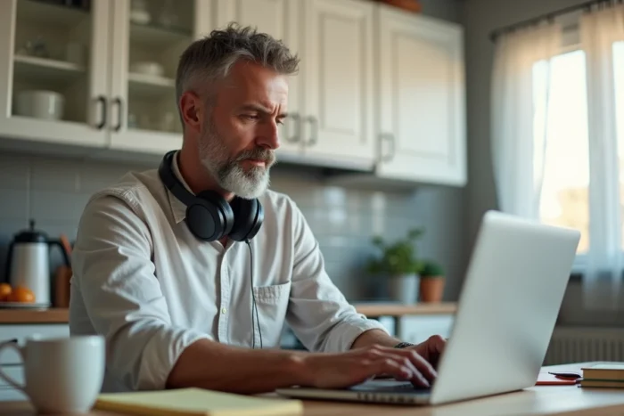 Homme actif en reconversion professionnelle travaillant sur une formation en ligne depuis son domicile avec notes et ordinateur portable