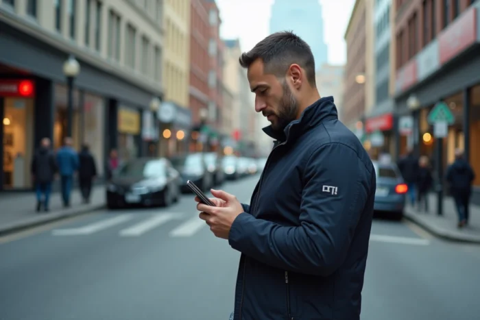 Homme en ville utilisant une application mobile pour obtenir un prêt rapide de 100 euros en ligne