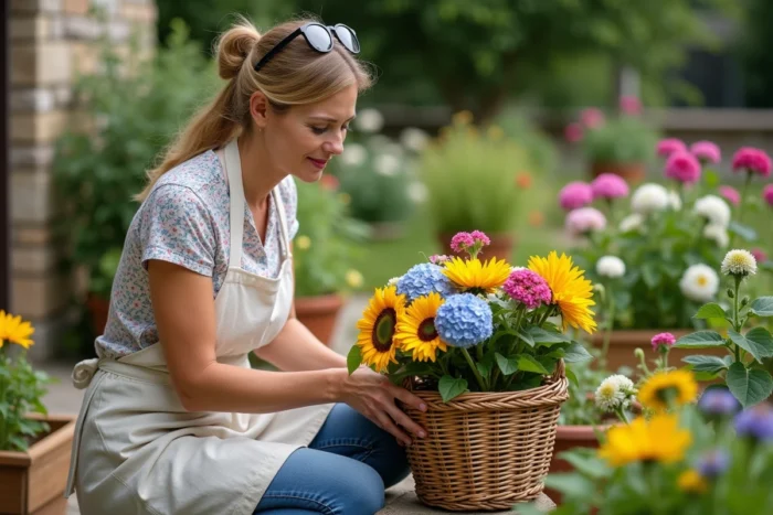 Femme jardinière récoltant des tournesols, zinnias et hortensias bleus dans un panier en osier au potager
