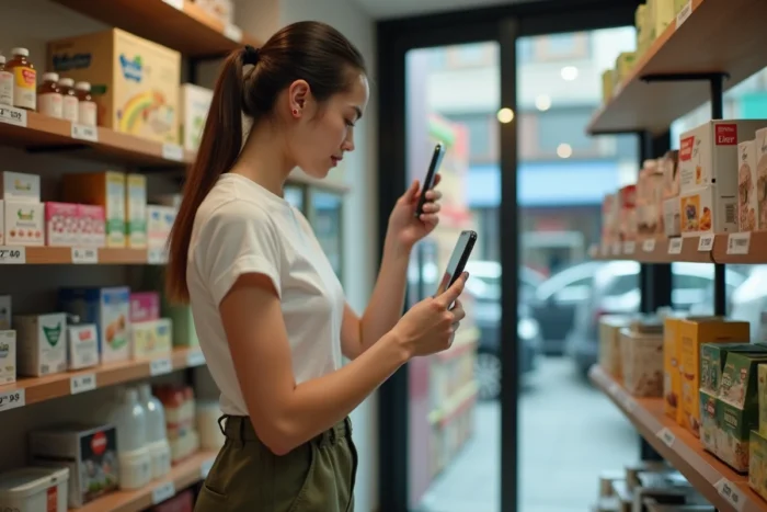 Jeune femme photographiant des produits en magasin pour une mission Roamler, application de revenus complémentaires