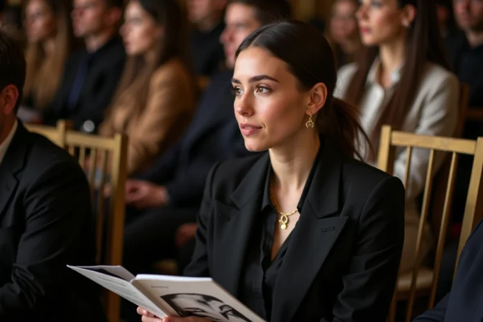 Journaliste de mode au premier rang d'un défilé Chanel tenant un programme de collection couture
